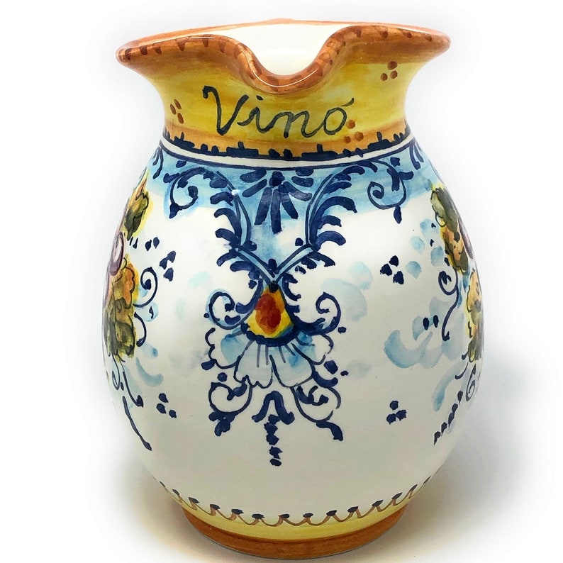 Italian Ceramic Art Pottery Pitcher Vino Vine gal 0,264 Hand Painted Decorated Grape Made in ITALY Tuscan image 2