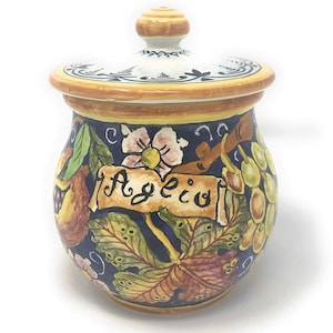 Italian Ceramic Garlic Brings Jar with lid Holder Hand Painted Made in ITALY Decorated Grape Tuscan Art Pottery