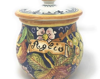 Italian Ceramic Garlic Brings Jar with lid Holder Hand Painted Made in ITALY Decorated Grape Tuscan Art Pottery