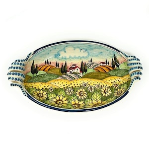 Italian Ceramic Art Pottery Serving Bowl Centerpiece Hand Painted Pattern Sunflowers Landscape Tuscan Made in ITALY