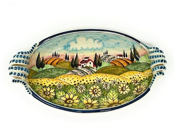 Italian Ceramic Art Pottery Serving Bowl Centerpiece Hand Painted Pattern Sunflowers Landscape Tuscan Made in ITALY