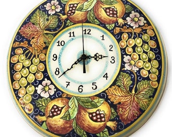 Italian Ceramic Wall Round Clock Round Art Pottery Hand Painted Pattern Grape Made in ITALY Tuscan Art Pottery Florence