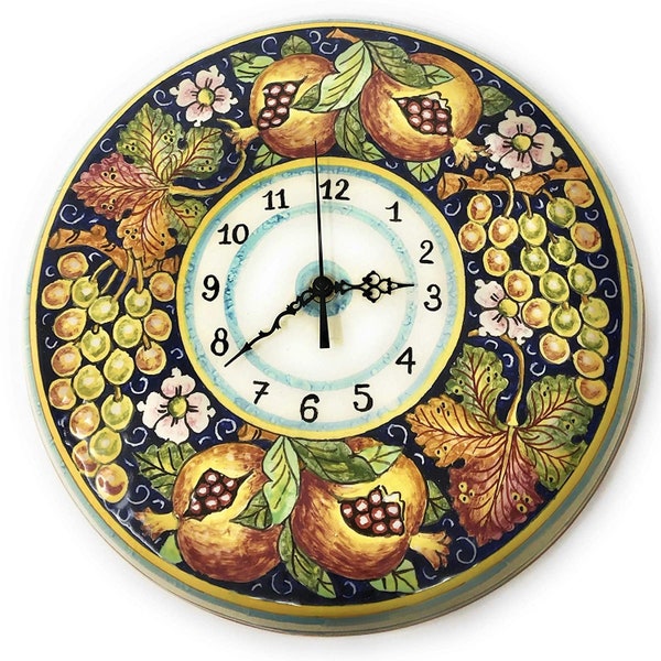 Horloge murale ronde en céramique italienne, poterie d'art ronde, motif raisin peint à la main, fabriquée en ITALIE, poterie d'art toscane, Florence