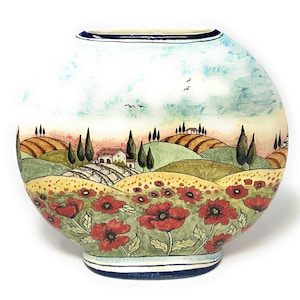Italian Ceramic Art Pottery Vase Pot Pipkin Planter Flowerpot Hand Painted Decorated Landscape Tuscan Poppies Made in ITALY