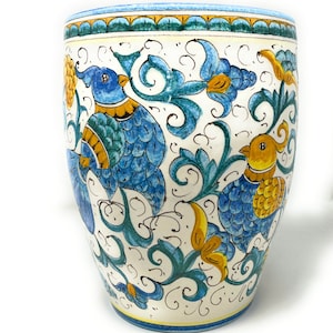 Italian Ceramic Cachepot Vase Flowerpot Planter Art Pottery Indoor/Outdoor Hand Painted Pattern Birds Made in ITALY Tuscan