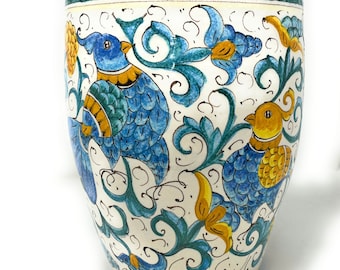 Italian Ceramic Cachepot Vase Flowerpot Planter Art Pottery Indoor/Outdoor Hand Painted Pattern Birds Made in ITALY Tuscan