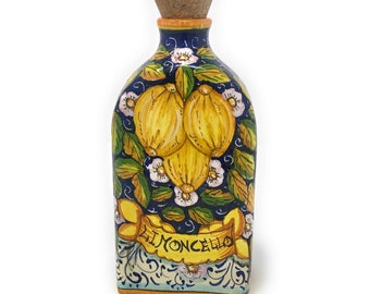 Italian Ceramic Pottery Bottle Cups Limoncello Liqueur Pattern Lemons Hand Painted Made in ITALY Tuscan Florence