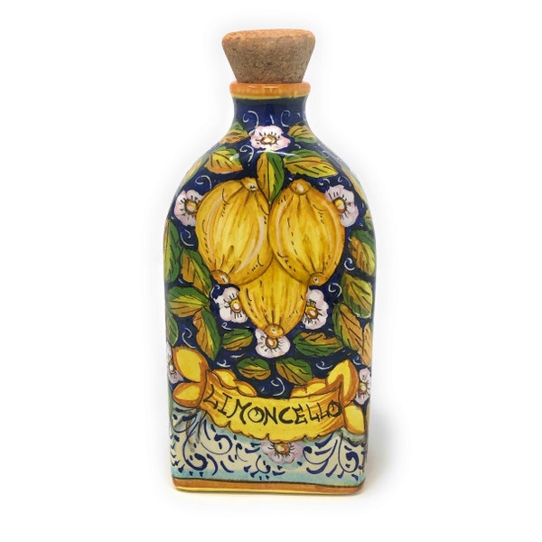 Italian Ceramic Pottery Bottle Cups Limoncello Liqueur Pattern Lemons Hand Painted Made in ITALY Tuscan Florence