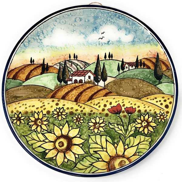 Assiette en céramique italienne poterie à accrocher, motif paysage tournesols peints à la main Toscane Made in ITALY Florence