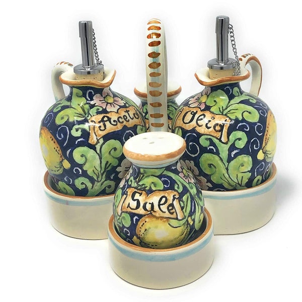 Italian Ceramic Art Pottery Set Dispenser Cruet Oil - Vinegar - Salt - Pepper Pattern Lemons Tuscan Hand Painted Made in ITALY