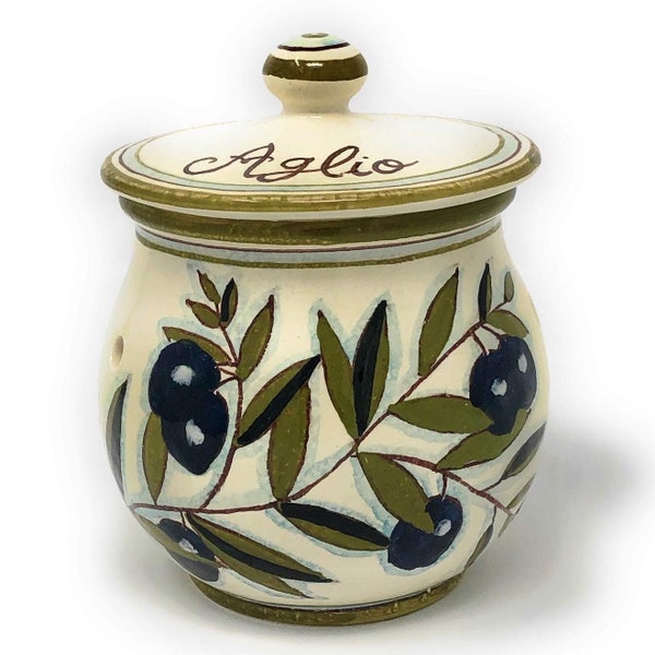 Italienische Keramik Knoblauch bringt Glashalter Hand bemalt Made in ITALY Verziert Oliven Land Toskanische Kunstkeramik