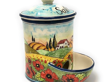 Italian Ceramic Jar Salt Holder Decorated Poppies Landscape Hand Painted Made in ITALY Tuscan Art Pottery