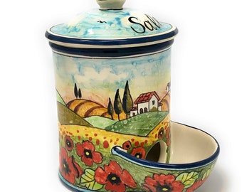 Italian Ceramic Jar Salt Holder Decorated Poppies Landscape Hand Painted Made in ITALY Tuscan Art Pottery