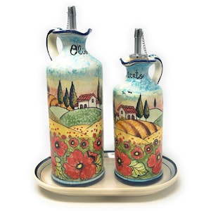 Italian Ceramic Art Pottery Oil Cruet Vinegar Decorated Poppies Lanscape Hand Painted Made in ITALY Tuscan