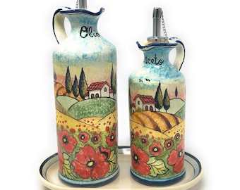 Italian Ceramic Art Pottery Oil Cruet Vinegar Decorated Poppies Lanscape Hand Painted Made in ITALY Tuscan