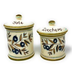 Conjunto de cerâmica italiana, potes, recipientes para armazenamento de alimentos, sal e açúcar, pintados à mão, decorados, azeitonas do campo, feitos na ITÁLIA, cerâmica de arte toscana