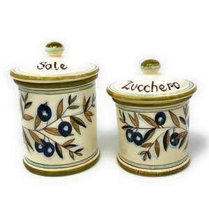 Italian Ceramic Set Jars Canister Food Storage Salt and Sugar Hand Hand Painted Decorated Country Olives Made in ITALY Tuscan Art Pottery