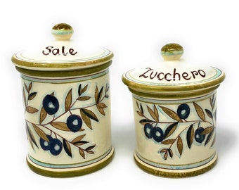 Juego de tarros de cerámica italiana para almacenar sal y azúcar, decorados con aceitunas campestres pintadas a mano, hechos en Italia. Cerámica artística toscana.