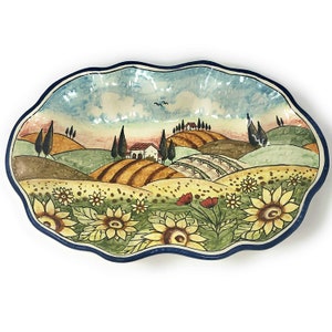 Italian Ceramic Serving Oval Bowl for Pasta - Fruits- salad - rice- Pattern Landscape Tuscan Sunflowers Pottery Made in ITALY Florence