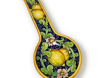 Italian Ceramic Spoon Rest Holder Decorated Lemons Pottery Art Hand Painted Made in ITALY Tuscan