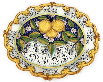 Bandeja de servir de cerámica italiana, plato, cuenco, cerámica artística pintada a mano con limones, hecha en Italia, Toscana.