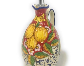Italian Ceramic Art Pottery Oil Dispenser Cruet Bottle Decorated Lemons Hand Painted Made in ITALY Tuscan