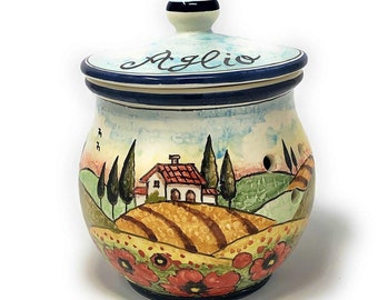 Italian Ceramic Art Pottery Brings Garlic Jar Holder Hand Painted Pattern Landscape Tuscany Poppies Made in ITALY Florence Store