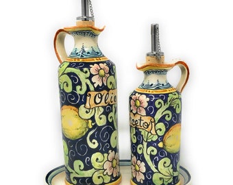 Italian Ceramic Art Pottery Oil Cruet Vinegar Decorated Lemons Hand Painted Made in ITALY Tuscan