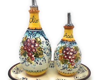 Juego de cerámica italiana, dispensador, vinagrera, ampollas, aceite y vinagre + bandeja, cerámica artística pintada a mano, patrón de uva Montalcino, hecho en Italia, Toscana