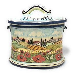 Italian Ceramic Big Cookies Jar Biscotti Hand Painted Pattern Landscape Poppies Tuscan Made in ITALY Art Pottery Florence