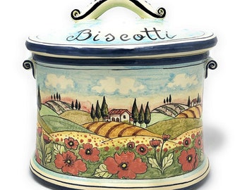 Italian Ceramic Big Cookies Jar Biscotti Hand Painted Pattern Landscape Poppies Tuscan Made in ITALY Art Pottery Florence