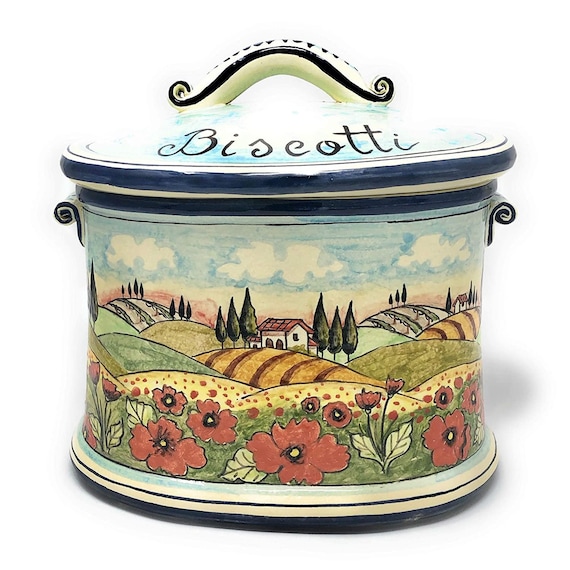 Italian Ceramic Big Cookies Jar Biscotti Hand Painted Pattern Landscape  Poppies Tuscan Made in ITALY Art Pottery Florence 