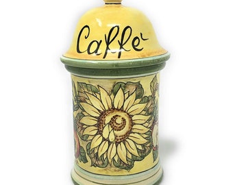 Tarro de cerámica italiana para café (caffè) con tapa, pintado a mano, hecho en Italia. Cerámica artística toscana de Florencia.