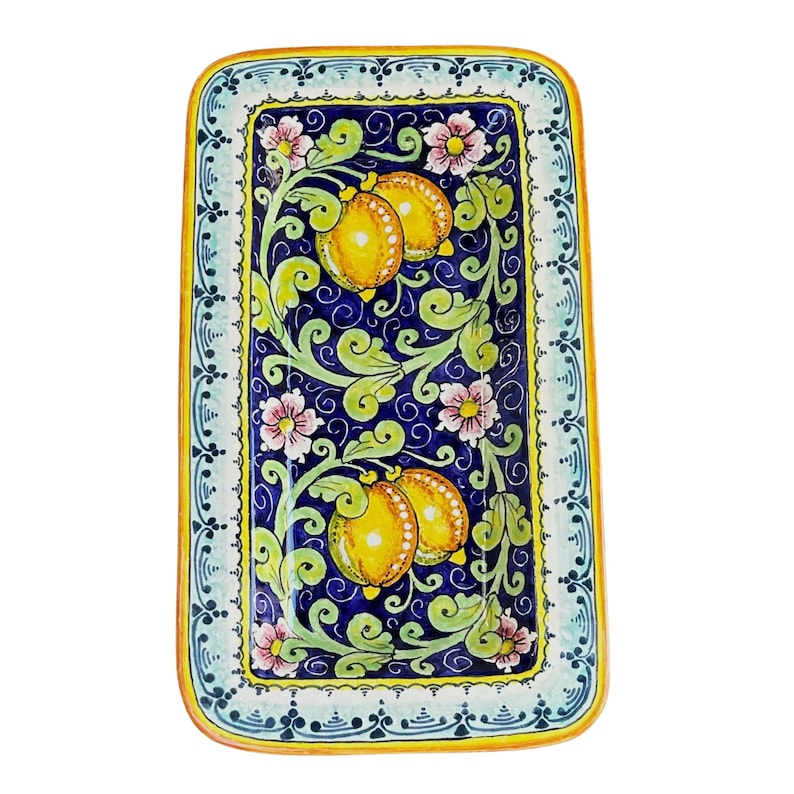 Vassoio in ceramica artistica italiana da appendere, dipinto a mano, motivo limoni, prodotto in ITALIA, Toscana immagine 1