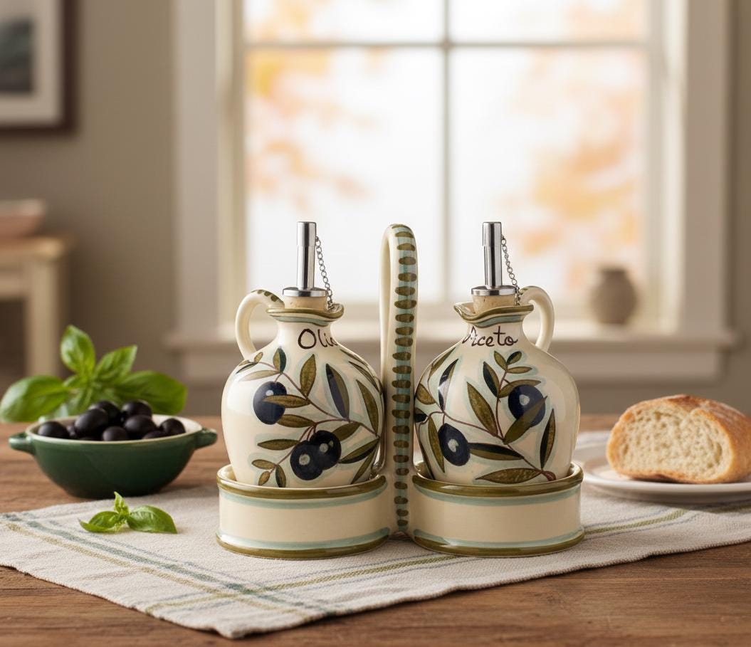 Italian Ceramic Set Dispenser Cruet Ampoules Oil and Vinegar Art