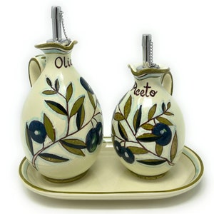 Italian Ceramic Set Dispenser Cruet Ampoules Oil and Vinegar Art Pottery Hand Painted Pattern Olives Country Made in ITALY Tuscan