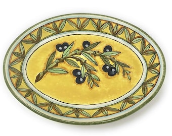 Italienische Keramik Kunstkeramik Servierschüssel Kleines Tablett Oval Handgemaltes Muster Oliven Toscana Made in ITALY Florenz