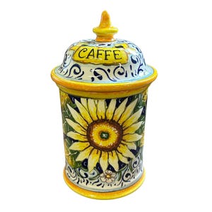Italian Ceramic Coffee (caffè) Jar Holder Canister Pot whit lid Hand Painted Pattern Sunflower Made in ITALY Tuscan Art Pottery Florence