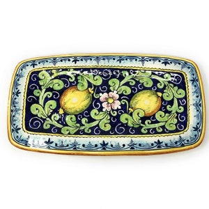 Italian Ceramic Art Tray Plate to hang Pottery Hand Painted Pattern Lemons Made in ITALY Tuscan