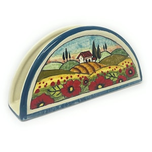 Italienische Keramik Kunstkeramik Serviettenhalter Handgemaltes Muster Landschaft Mohnblumen Toskanischen Made in ITALY Florenz
