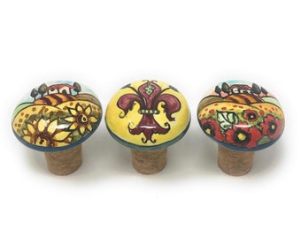 Italian Ceramic Pottery Set 3 Corks Bottle Vine Stopper Vino Hand Painted Tuscany  Made in ITALY Florence