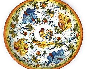 Italian Ceramic Art Pottery Serving Bowl for pasta ,riso , salad, Pattern Rooster Montelupo Made in ITALY Tuscan Florence