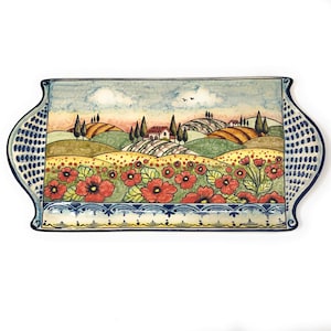Italian Ceramic Art Cheese Tray Plate Appetizer Decorative Poppies Landscape Tuscan Pottery Hand Painted Made in ITALY