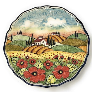 Italian Ceramic Art Pottery Plate to hang Hand Painted Pattern Landscape Tuscany Poppies Made in ITALY Florence