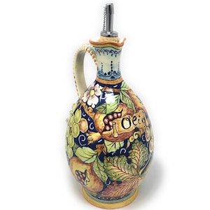 Poterie d&#39;art en céramique italienne, grande burette, distributeur d&#39;ampoules, motif à l&#39;huile, raisin, peinte à la main, fabriquée en Italie, Florence toscane