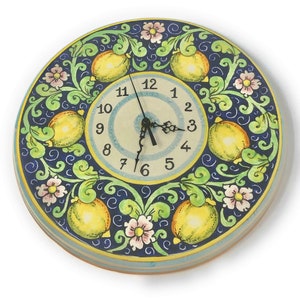 Italian Ceramic Wall Round Clock Art Pottery Hand Painted Decorated Lemons Made in ITALY Tuscan Art Pottery