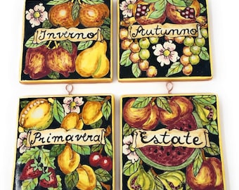 Italian Ceramic Art Set Decorative Tile Pottery Fruit 4 Seasons Paint Hand Painted Made in ITALY Tuscan