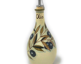 Italian Ceramic Art Pottery Dispenser Oil Cruet Bottle Without Handle Hand Painted Decorated Olives Country Made in ITALY Tuscan