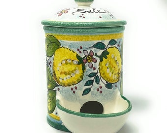 Italian Ceramic Art Pottery Jar Salt Holder Hand Painted Pattern Lemons Tuscany Made in ITALY