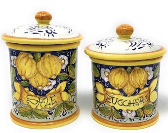 Italian Ceramic Set Jars Canister Food Storage Salt and Sugar Hand Hand Painted Pattern Three Lemons Made in ITALY Tuscan Art Pottery